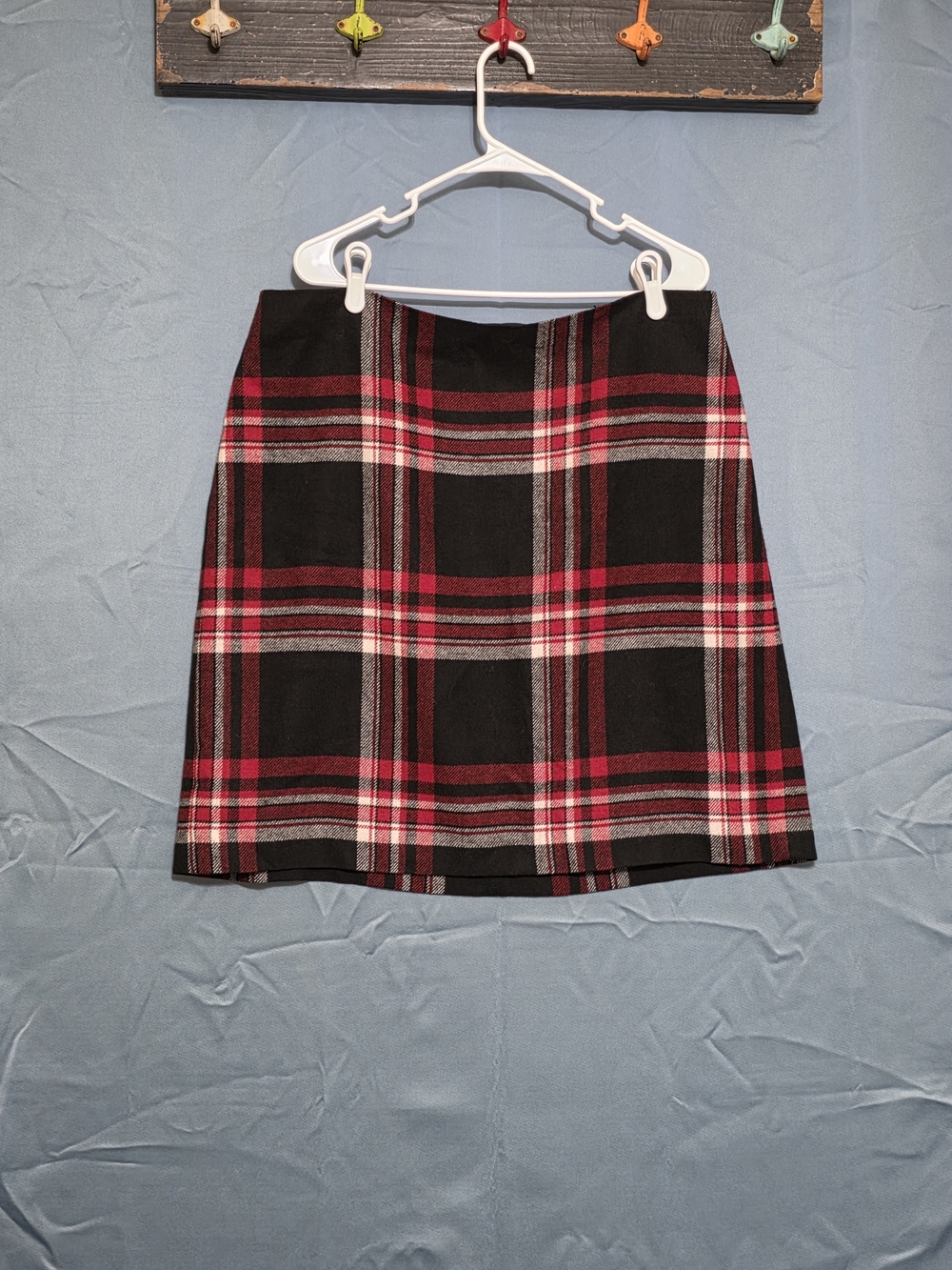 Talbots Plus Wool Blend Black and Red Plaid Midi Skirt